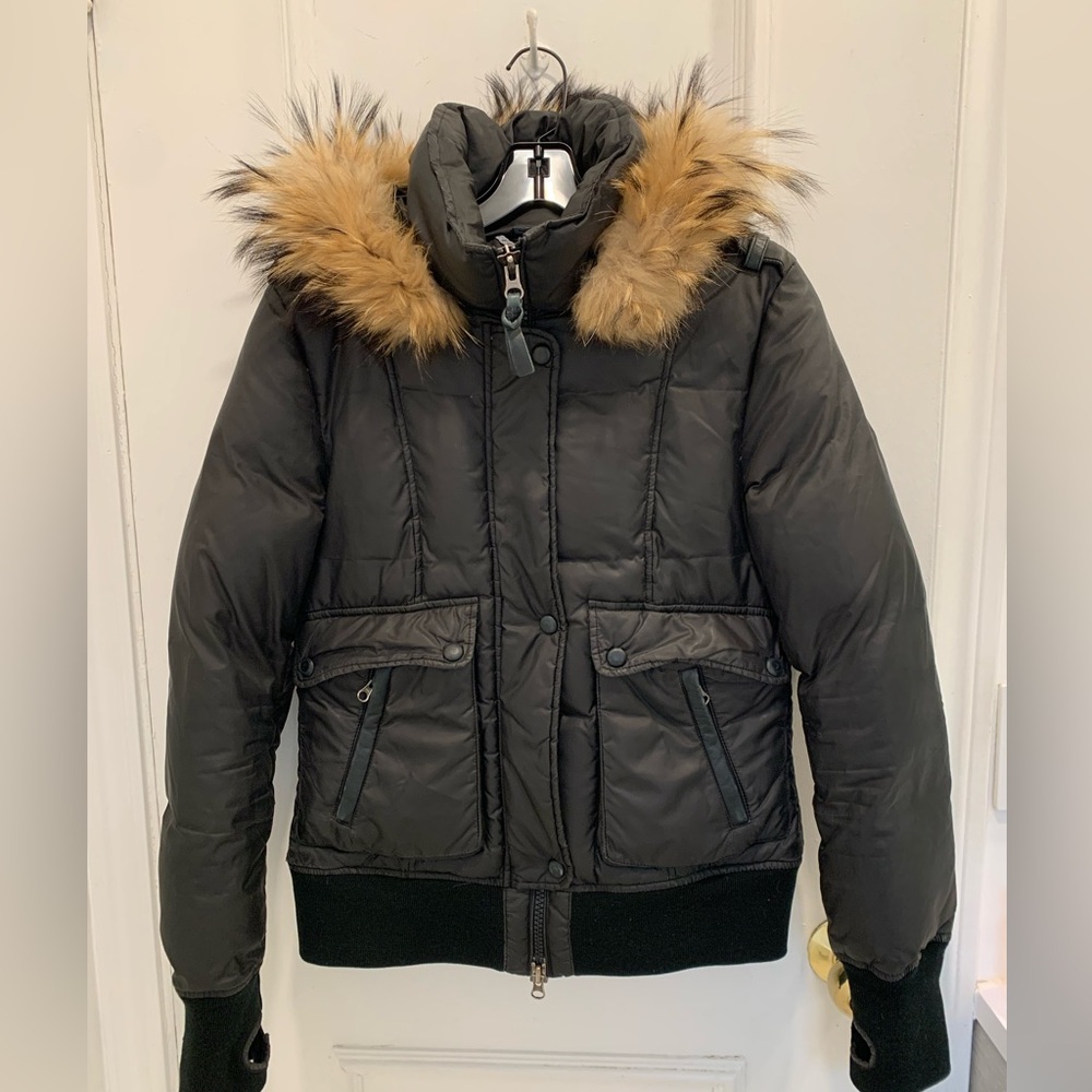 Mackage down black bomber jacket w fur trim detachable hood. Size Small
